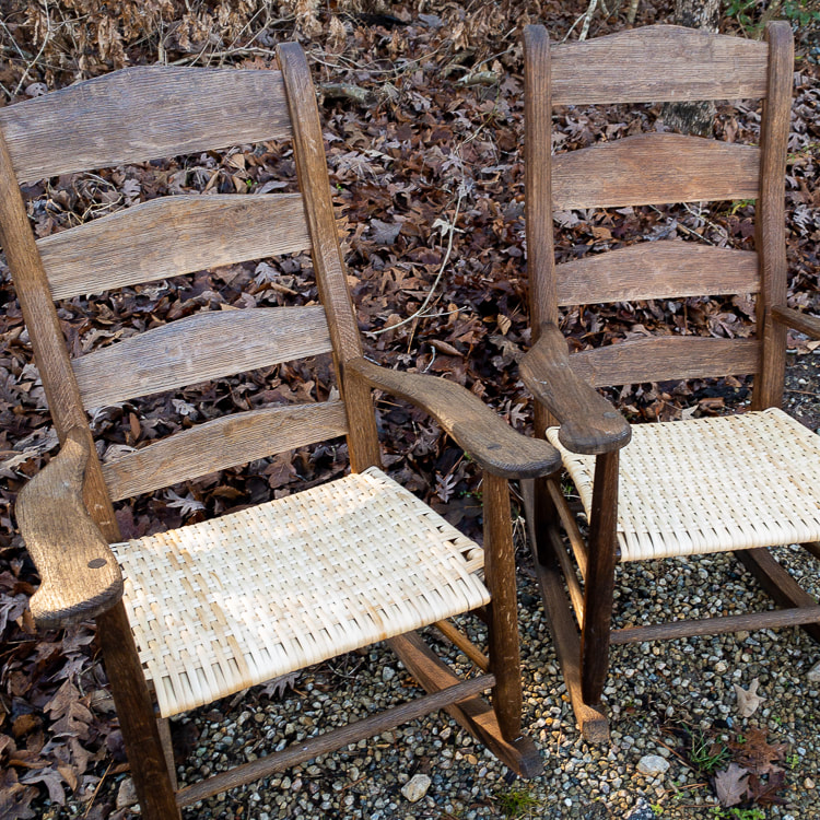 pair of Hunter porch rockers with flat oval reed porch weave